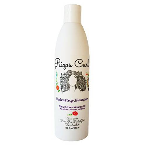 Rizos Curls Hydrating Shampoo. Gently cleanses & hydrates hair without over drying. Made with Natural ingredients Shea Butter & Moringa Oil. Reduces Dry Scalp. For All Hair Types Curls, Coils & Waves.