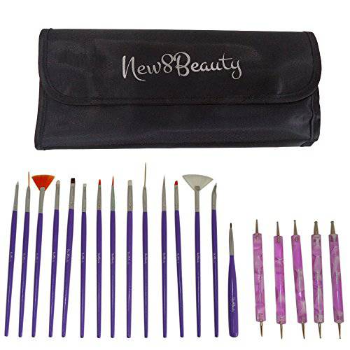 Nail Art Brushes, Dotting Pens Marbling Detailing Painting Striping Tools 20pc Kit Set with Roll-Up Pouch - Best for nail art and facial detailed painting - FREE eBook with Design Idea