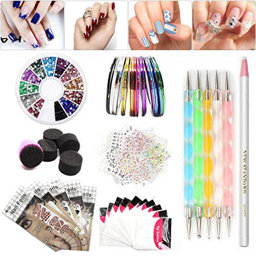 Nail Art Set, Tape Line Nail Stickers, Colored Rhinestones Decoration, 45 Sheets Nail Art Stickers, Gradient Nails Sponges for Color Fade Manicure, Dotting Marbleizing Pen for Pedicure