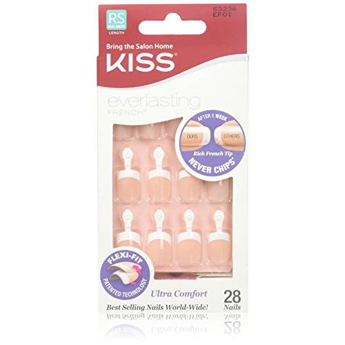 Kiss Everlasting French Nail Manicure, Chip-Free with Flexi-Fit Technology, Real Short, Endless, Nail Kit with Pink Nail Glue (Net Wt. 2 g / 0.07oz.), Mini File, Manicure Stick, and 28 Fake Nails