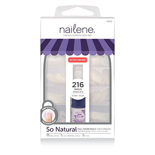 Nailene So Natural Artificial Nails, Undecorated – Fake Nail Kit with 216 Nails (12 Sizes) and Nail Glue Included – Designed for Comfort & Natural Look – False Nails with up to 7 Days of Wear