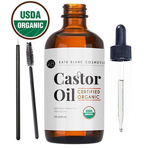 Castor Oil (2oz) USDA Certified Organic, 100% Pure, Cold Pressed, Hexane Free by Kate Blanc. Stimulate Growth for Eyelashes, Eyebrows, Hair. Lash Growth Serum. Brow Treatment. FREE Mascara Starter Kit