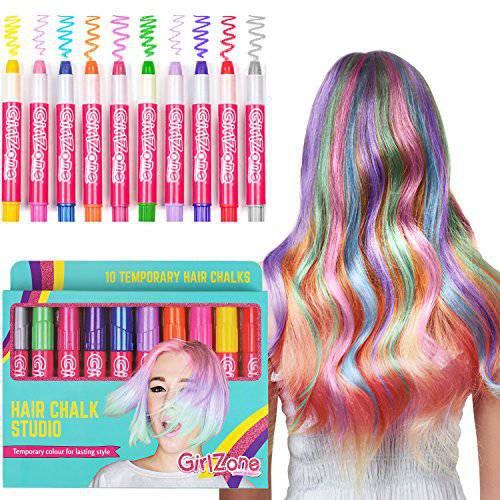 GirlZone: Hair Chalk Set For Girls, 10 Piece Temporary Hair Chalks Color, Great as Face Paints too, Birthday Gifts For Girls