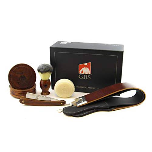 G.B.S Complete Professional Wet Shave Kit Shaving Set- Shave Box Includes 5/8 Inch Carbon Steel Straight Razor with Wooden Handle, Synthetic Hair Shave Brush, Wood Shave Soap Bowl Christmas Day Gift