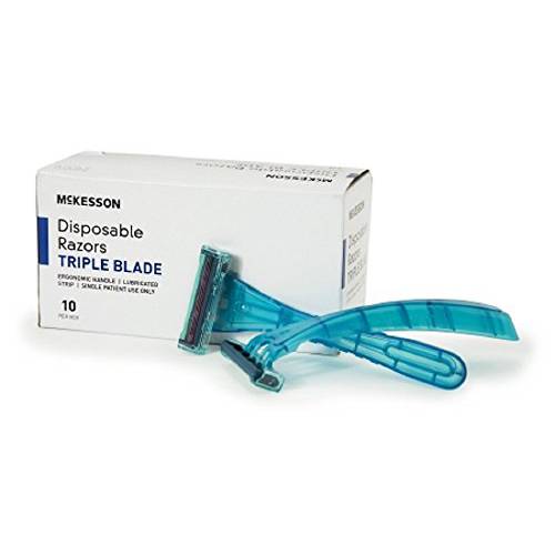 McKesson Disposable Razors, Stainless Steel Triple Blade, Lubricated Strip, Ergonomic Handle, Turquoise, 10 Count, 1 Pack