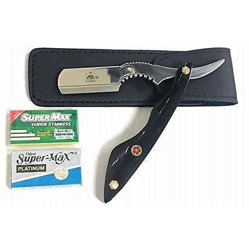 G.B.S Professional Barber Shavette Razor with Blades Black, Chrome with Leather Case + 10 Blades Excellent Locking Safety Mechanism Salon Cut Throat Stainless Steel Durable Material