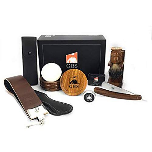 G.B.S Complete Men’s Wood Shaving Set - Razor 5/8’ and Case, Razor Strop Brush Bowl and Soap Brush and Razor Stand Honing Paste Alum Block