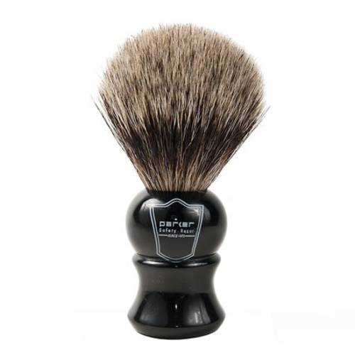 Parker Safety Razor, Long Loft 3-Band Pure Badger Bristle Shaving Brush with Ebony Handle - Brush Stand Included