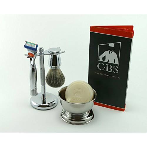 G.B.S Men’s Shaving Kit - 5 Blade Razor Stainless Durable Wide Handle for Strong Grip, Badger Shaving Brush, Razor + Brush Stand, Chrome shaving Bowl & All-natural Shave soap