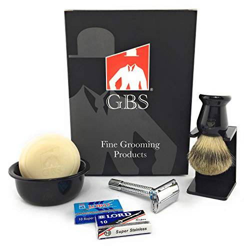 G.B.S Men’s Shaving Set - Mug Butterfly 3 Long Safety Razor, Pure Badger Brush, Drip Stand Brush Holder Natural Shave Soap Glossy Metal Non Slip Handle