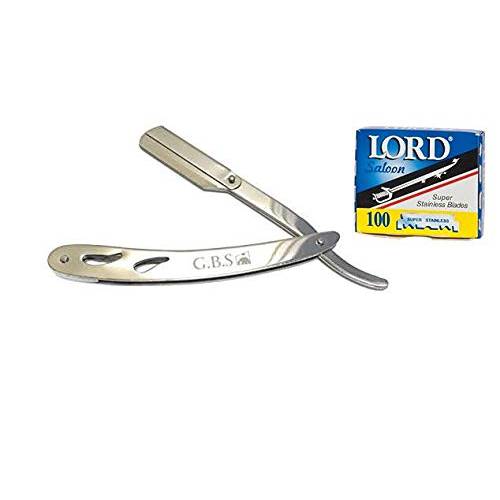 G.B.S Men Professional Straight Edge Barber Shaving Razor with 100 Single Edge Lord Blades, Compliments, & Wet Grooming Shaving Kit, Perfect for Beard Shaping Enjoy the Shave (Chrome)