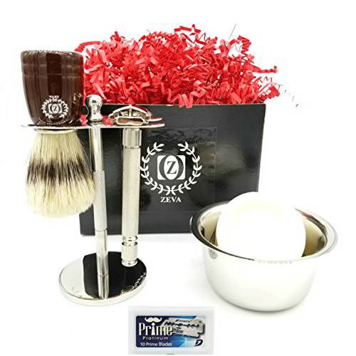 Deluxe Wet Shave Kit | Includes 6 Items: Safety Razor, Badger Hair Brush, Shave Stand, Shave Soap, Stainless Steel Bowl and 10 Razor Blades Men Gift Set for Him