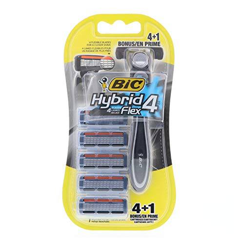 BIC Flex 4 Refillable Men’s Disposable Razors, For a Smooth, Ultra-Close and Comfortable Shave, 1 Handle and 4 Cartridges, 5 Piece Razor Set
