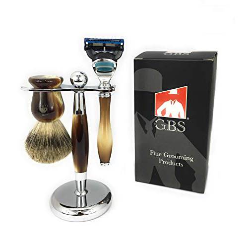 G.B.S Men’s Shaving Set 5 Blade Compatible Manual Razor 6.5 Long Faux Horn Handle, 22 mm knot overall height 5.5 Tall Badger Bristle Brush, Stand Holder Durable Material Convenient Classic