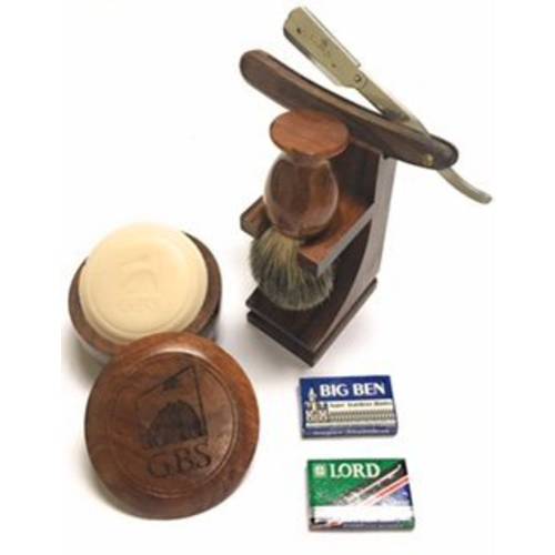 G.B.S Shaving Kit Box Includes- Carbon Steel Razor, 21 Leather Strop, Wooden Soap bowl with Vegan shaving Brush + Stand, Natural Glycerin Shave Soap, Aftershave Gel, and Alum Block