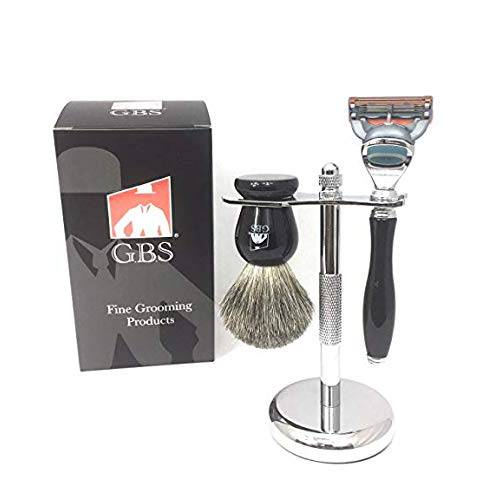 G.B.S 3 Piece Shaving Set. 5 Blade Razor Black Manual Handle & Black Badger Bristle Shave Brush & Stainless Brush and Razor Stand Holder, for Clean & Close Smooth Shave