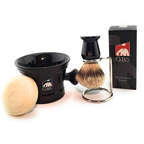 GBS Men’s grooming Set - Razor - Black Ceramic Shaving Mug Knob Handle- Leather case, 5 Blade Razor, Badger Brush with Stand, All Natural GBS Shave Soap, No.84 Cologne Wooden comb and, Aftershave