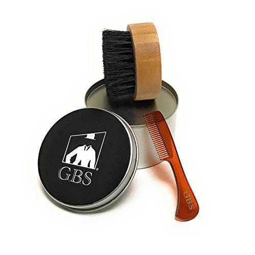 G.B.S Men’s Grooming Set - Premium Compact Wood Beard Brush With Synthetic/Nylon Bristles & Travel Tin 2.5, Tortoise Beard, And Moustache Comb 3 3/8