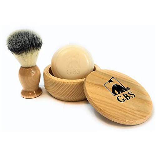 G.B.S Men’s Wet Shave Kit- 100% Pure Synthetic Hair Bristle Shaving Brush, Beech Wood Shaving Soap Bowl Cup with Lid Cover and Natural Shaving Soap- Best Compliments for Any Razor (Beech Wood Set)