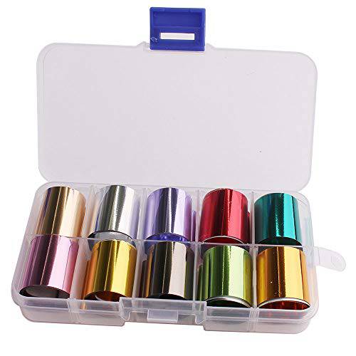WOKOTO 10 Rolls Solid Color Nail Art Foil Stickers Tip Mirror Design Starry Sky Adhesive Nail Transfer Decals Manicure Decoration (0.98inchs*39.4inchs)