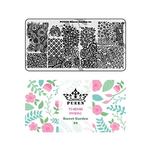 PUEEN Nail Art Stamping Plate - Secret Garden 02 - Theme Park Collection 125x65mm Unique Nailart Polish Stamping Manicure Image Plates Accessories Kit - BH000858