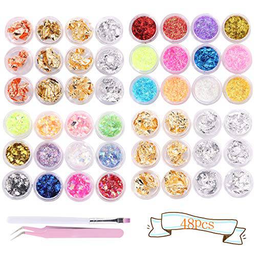 48pcs Nail Art Stickers & Decals Kit - Rose Gold Silver Nail Paillette Chip Foil Nail Glitter, Ice Mylar Shell Foil Slice, Ultra-thin Laser Sticker Nail Stripe Line, with a Tweezer and a Nail Brush