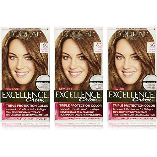 L’Oreal Paris Excellence Creme Permanent Hair Color, 6G Light Golden Brown, 100% Gray Coverage Hair Dye, Pack of 3