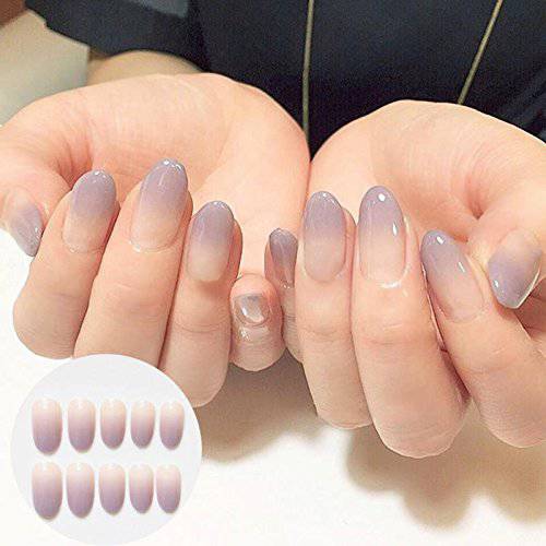 24PCS Sexy Nude Purple Gradient Color False Nail Art With Glue Plain Color Fake Nail Tip Finished Manicure Nail Sticker