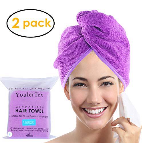 YoulerTex Microfiber Hair Towel Wrap for Women, 2 Pack 10 inch X 26 inch, Super Absorbent, Quick Dry Hair Turban for Drying Curly, Long & Thick Hair (Purple)