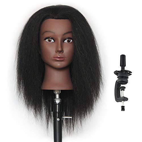 HAIREALM Afro Mannequin Head 100% Human Hair Cosmetology Manikin Head African American Braiding Doll Head for Hair Styling Black HI28D