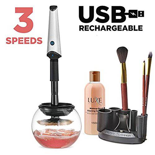 Luxe Makeup Brush Cleaner - 5oz Makeup Cleaning Solution Included |USB Charging Station| 3 Adjustable Speeds| Instantly Wash and Dry Your Makeup Brushes