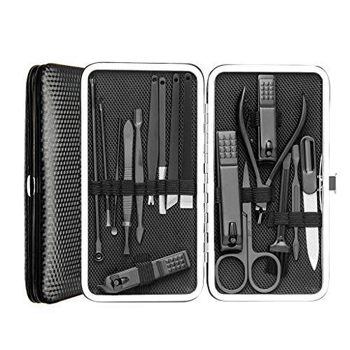 17 in 1 Stainless Steel Professional Manicure Pedicure Set Grooming Kit Nail Clippers with Black Portable Leather Travel Case