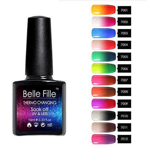 Belle Fille Temperature Change Nail Polish 10ml UV LED Thermal Temperature Gel Nail Polish Soak Off UV Gel Nail for Manicure Decor Nail Lacquer Art Kit Pack of 12