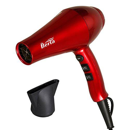 Berta 1875 Watt Hair Dryer Salon Powerful Ceramic, Blow Dryer Pro Far Infrared Heat DC Motor, Hair Blower Low Noise Fast Dryer Cool Shot Button, Ionic Dryer, with Concentrator Nozzle Cola Red
