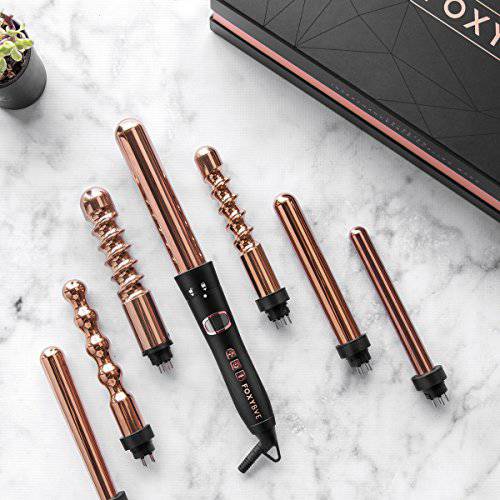 FoxyBae 7-in-1 Curling Iron Set, Le’Se7en Professional Black and Rose Gold Hair Curling Wand - 7 Interchangeable Barrel Ceramic Curlers - Titanium Wands & LCD Display for Temperature Control