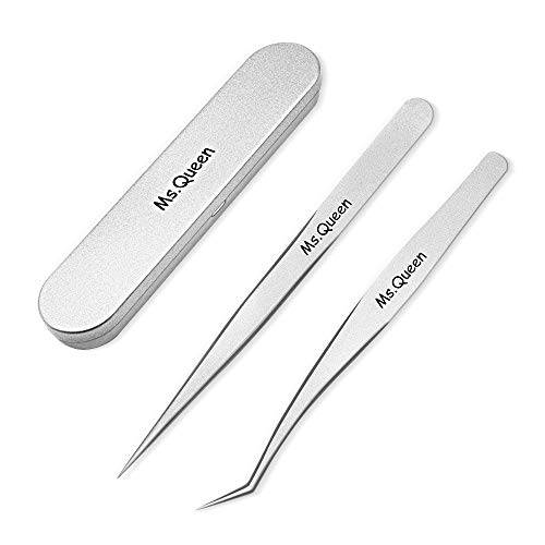Eyelash Extension Tweezers - Professional 2 Pcs Straight and Curved Pointed Tweezers - Precision Crafted Tweezers for 3D-6D Volume False Eyelashes Extensions with Aluminum Storage Case- Ms.Queen