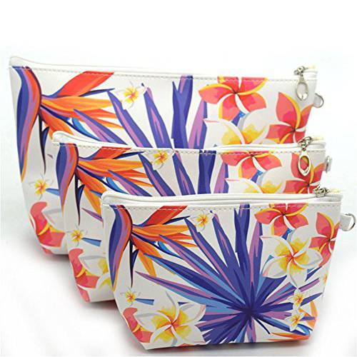 XICHEN 3 PCS cosmetic bag waterproof cosmetic bag large capacity pu leather, Bathroom, Storage (3 Sizes) (Bird of paradise flower)
