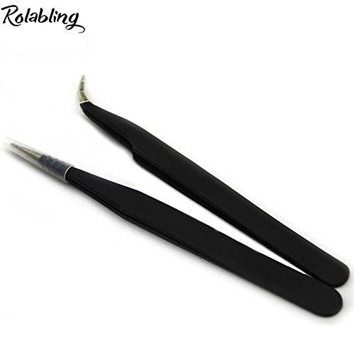 Rolabling 2pcs Elbow & Straight Black Nail Tweezers Rhinestone Picker Manicure Nail Art Tool (Set-1)