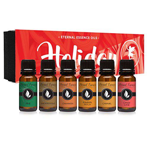 Holiday Gift Set of 6 Premium Grade Fragrance Oils - Candy Cane, Pine, Pumkin Patch, Cinnamon, Caramel, Snickerdoodle - 10Ml - Scented Oils