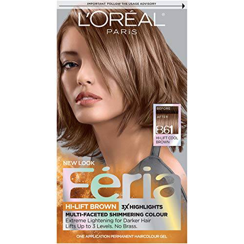L’Oreal Paris Feria Multi-Faceted Shimmering Permanent Hair Color, B61 Downtown Brown (Hi-Lift Cool Brown), Pack of 1, Hair Dye