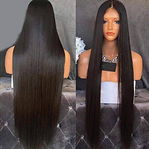 Lanting Hair Heat Resistant Fiber Hair Synthetic Wig Mermaid Black Color Silk Straight Synthetic Lace Front Wigs for Women Girls(22inch lace front wig)
