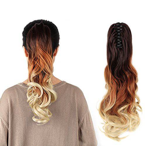 Neverland Beauty 22 Claw on Triple Ombre Three Tone Synthetic Curly Wavy Ponytail Hair Extensions Black to Blue to Sky Blue