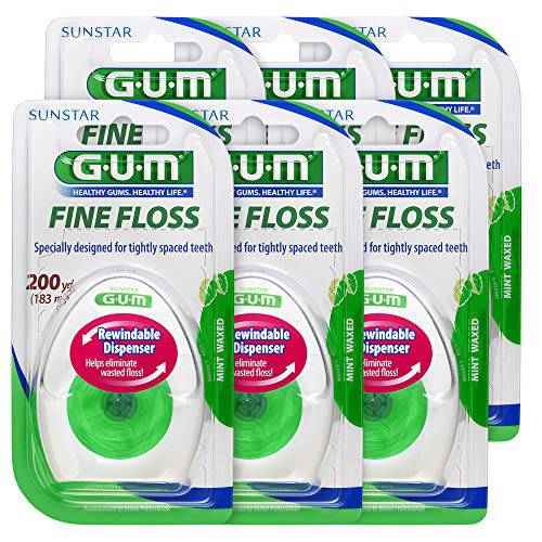GUM Fine Waxed Dental Floss, Rewindable Dispenser, Mint, 200 Yards (Pack of 6)