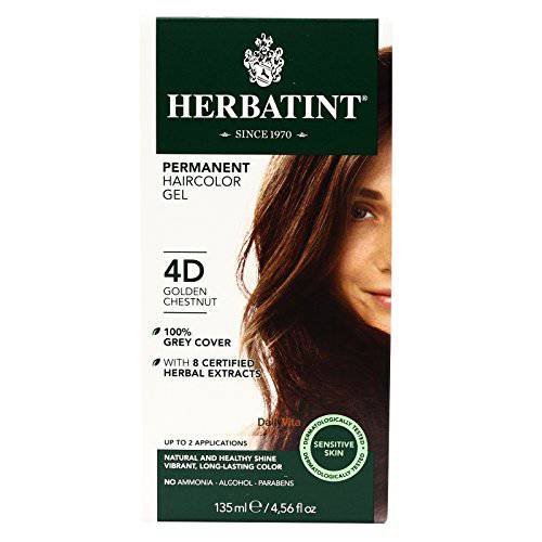 Herbatint Permanent Haircolor Gel, 4D Golden Chestnut, Alcohol Free, Vegan, 100% Grey Coverage - 4.56 oz