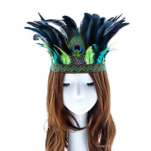 Aukmla Peacock Feather Fascinator Decorative Feather Headpiece Crown Headdress Costume Halloween Headband for Party