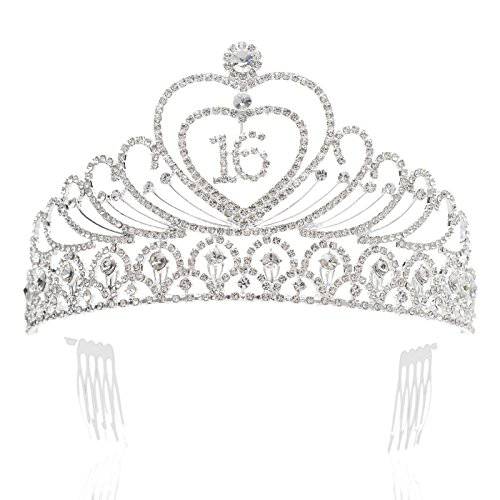 SWEETV Sweet 16th Birthday Crown, Rhinestone 16 Birthday Tiara, Bday Party Hats Headband, Clear Crystal Girls Princess Hair Accessories