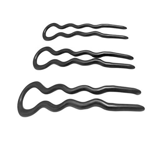 Parcelona French Slick Black Small Wavy 3 Inch U Shaped Hair Pins for Fine Hair Types (3 Pins) (Black)