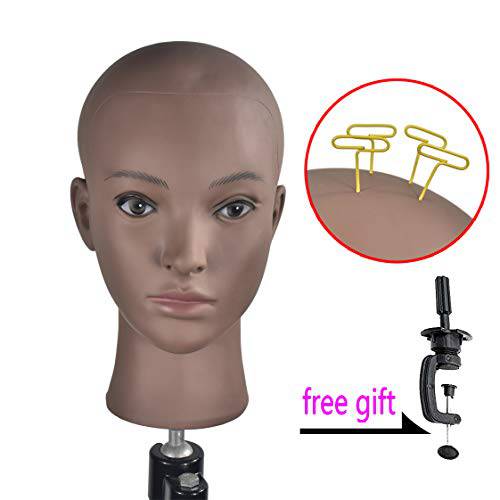 Afro Cosmetology Mannequin Head Bald Manikin head for Wigs Making Wig Display Hat Display Glasses Display with Free Clamp