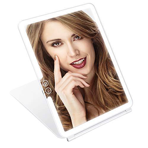 KEDSUM Rechargeable Lighted Makeup Mirror with Cover, LED Travel Mirror with Lights, Compact Vanity Mirror with Touch Screen Dimming, with a Magnification Pocket Spot Mirror
