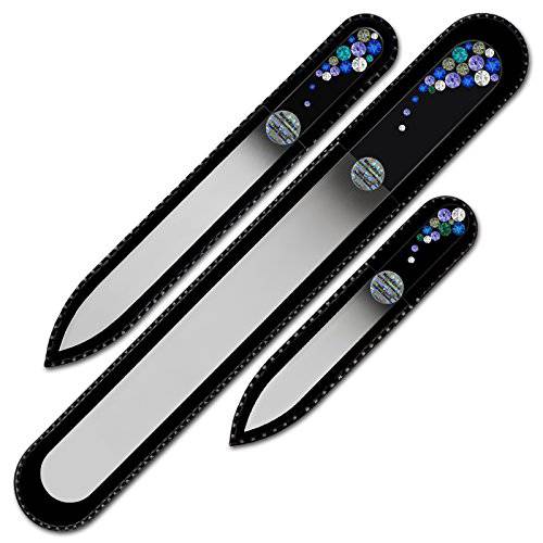 Set of 3 Glass Nail Files Hand Decorated with crystals - in Black Velvet Sleeve - Genuine Czech Tempered Glass - Handmade Crystal Nail Files
